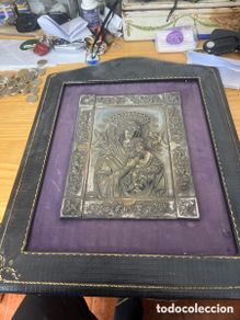 Antigüedades: Antigua placa de metal plateado de Nuestra Señora del socorro